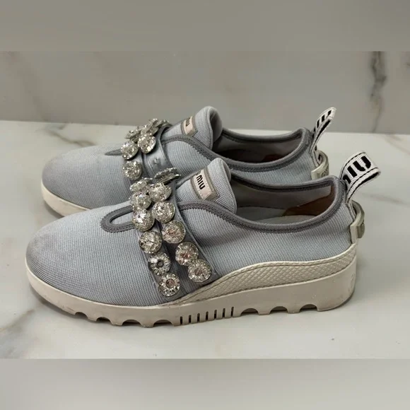 Miu Miu Grey Crystal Embellished Slip-On Sneakers Size 36.5 - Picture 10 of 14